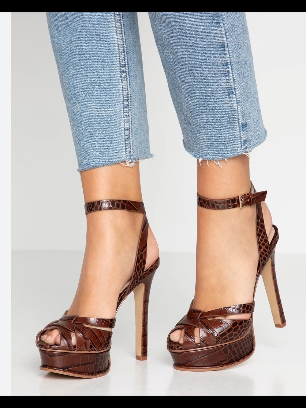 Aldo Brown Croc-Embossed Platform Ankle-Strap Heels